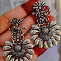 Silver Plated Designer Half Flower Oxidized Dangler Earrings