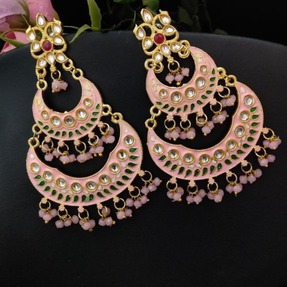 Gold Plated Meenakari Chandbali Stud Dangler Earrings with Beads