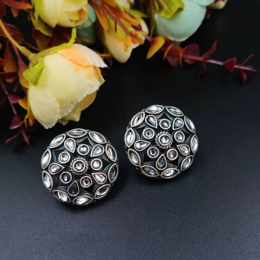 German Silver Stone Work Round Stud Earring