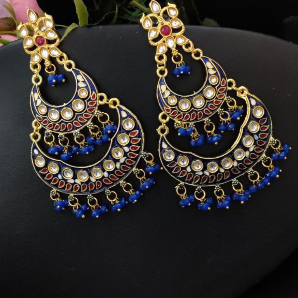 Gold Plated Meenakari Chandbali Stud Dangler Earrings with Beads