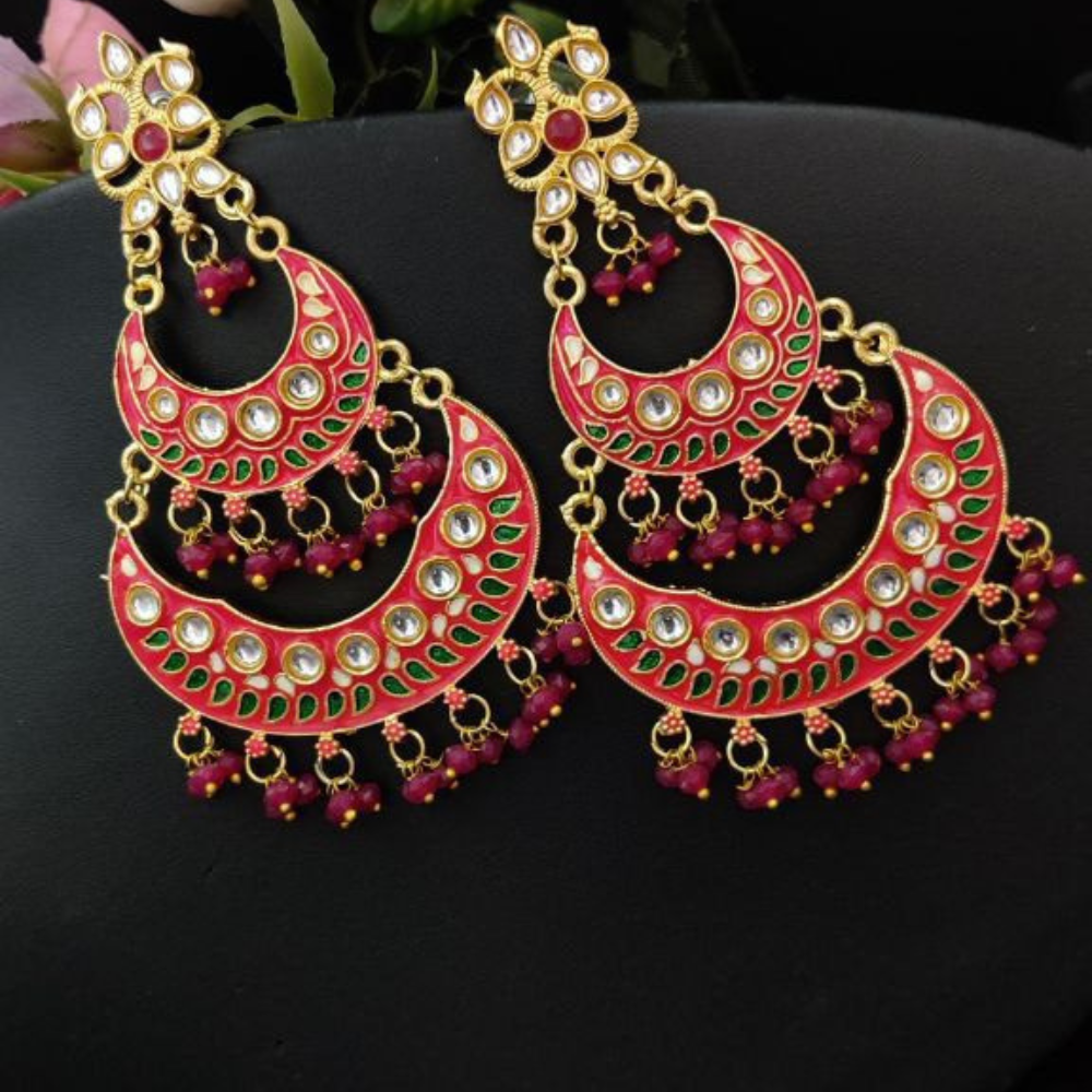 Gold Plated Meenakari Chandbali Stud Dangler Earrings with Beads