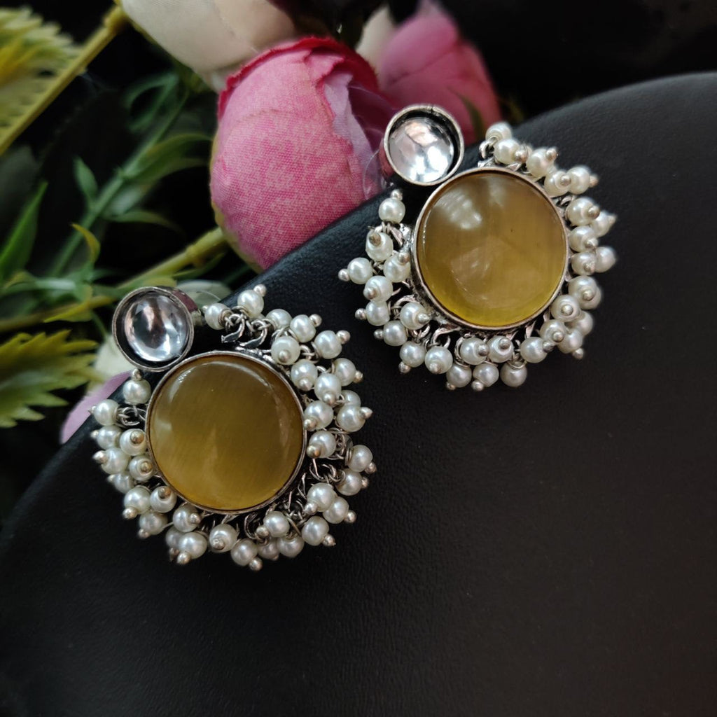 Designer Monalisa Stone Hand Made Stud Earrings With Pearls Beads