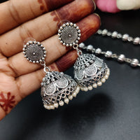 Silver Plated Oxidized Floral Art Necklace With Jhumki