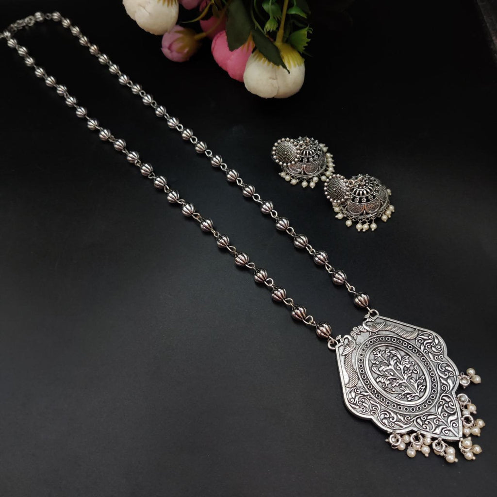 Silver Plated Oxidized Floral Art Necklace With Jhumki